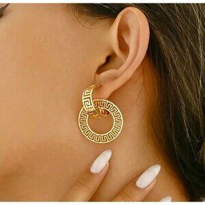 Gold Greek Key Circle Hoop Earrings Geometric Medallion Boho Statement